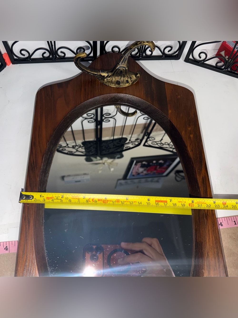 Vintage Wood Oval Wall Mirror with Ornate Brass Coat Key Hooks Entryway Decor - Picture 5 of 9
